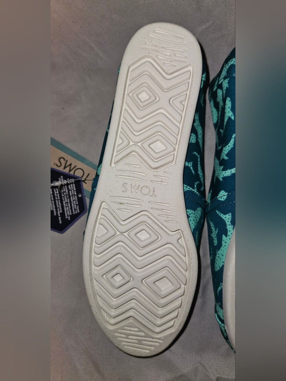 Toms Teal Canvas Slip-Ons with Mint Shark Pattern - Picture 3 of 6